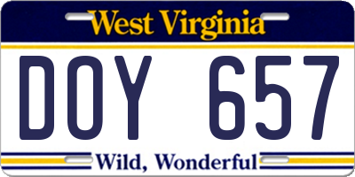 WV license plate DOY657