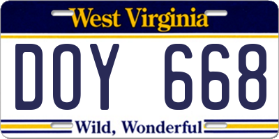 WV license plate DOY668