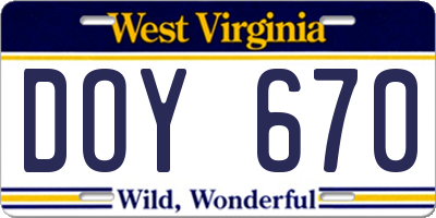 WV license plate DOY670