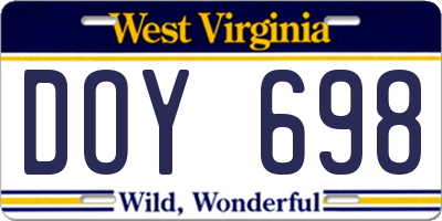 WV license plate DOY698