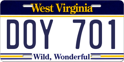 WV license plate DOY701