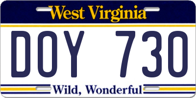 WV license plate DOY730