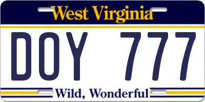 WV license plate DOY777