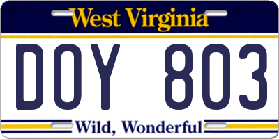 WV license plate DOY803