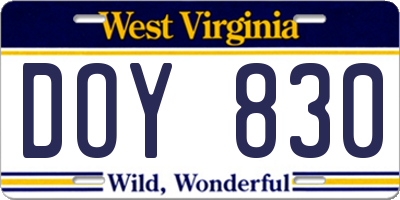 WV license plate DOY830