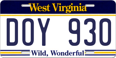 WV license plate DOY930