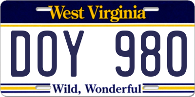WV license plate DOY980