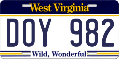 WV license plate DOY982