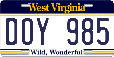 WV license plate DOY985