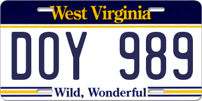 WV license plate DOY989