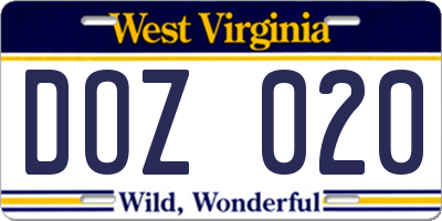 WV license plate DOZ020