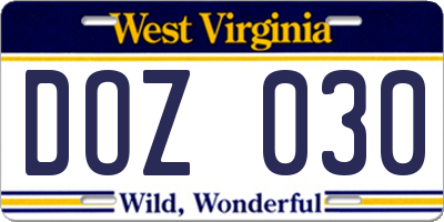 WV license plate DOZ030