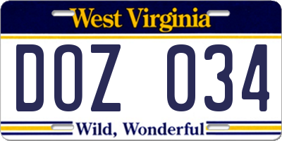WV license plate DOZ034