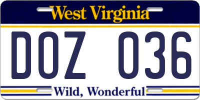 WV license plate DOZ036