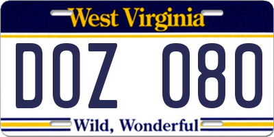 WV license plate DOZ080