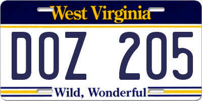 WV license plate DOZ205
