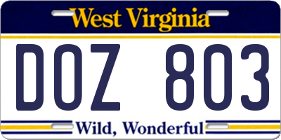 WV license plate DOZ803