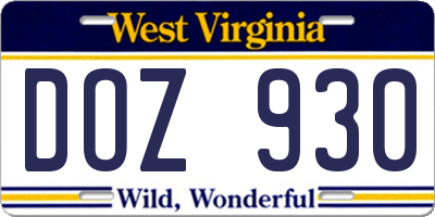 WV license plate DOZ930