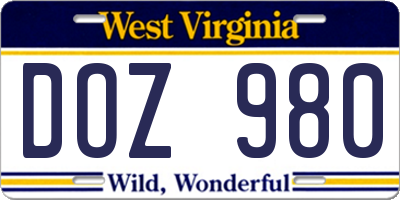 WV license plate DOZ980