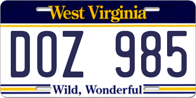 WV license plate DOZ985