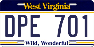 WV license plate DPE701
