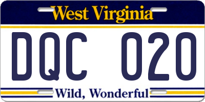 WV license plate DQC020