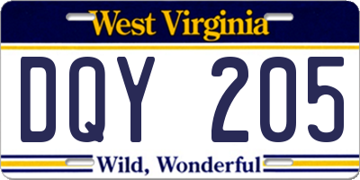 WV license plate DQY205