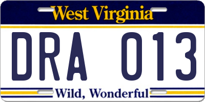 WV license plate DRA013