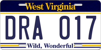 WV license plate DRA017