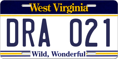WV license plate DRA021