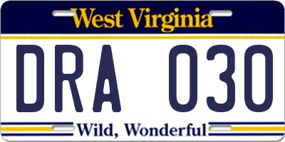 WV license plate DRA030