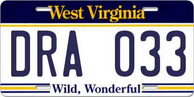 WV license plate DRA033