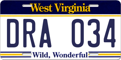 WV license plate DRA034