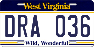 WV license plate DRA036