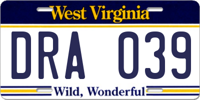 WV license plate DRA039