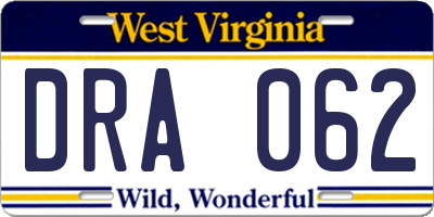 WV license plate DRA062