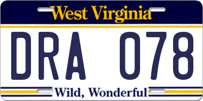 WV license plate DRA078
