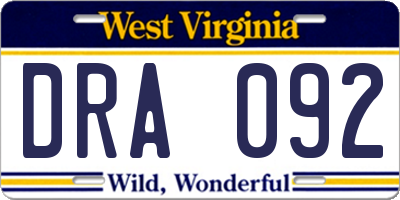 WV license plate DRA092