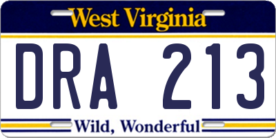 WV license plate DRA213