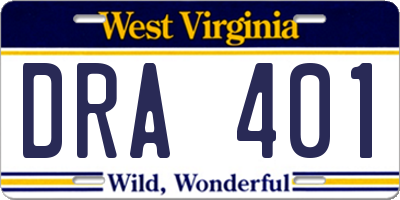 WV license plate DRA401
