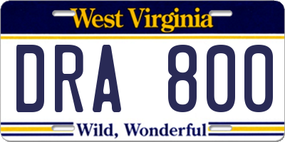 WV license plate DRA800