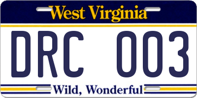 WV license plate DRC003