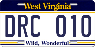 WV license plate DRC010
