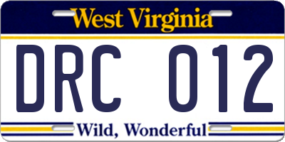 WV license plate DRC012