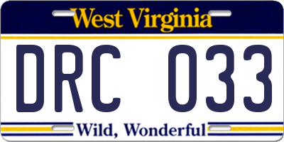 WV license plate DRC033