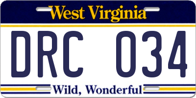 WV license plate DRC034