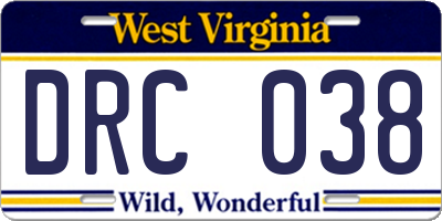 WV license plate DRC038