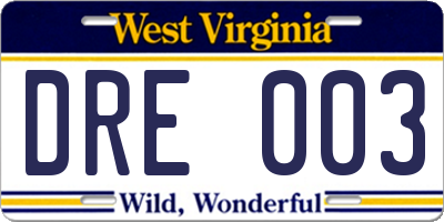 WV license plate DRE003
