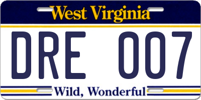 WV license plate DRE007