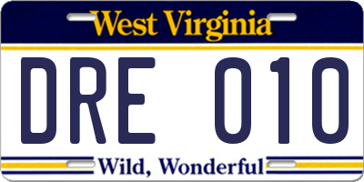 WV license plate DRE010